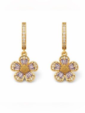 Kate Spade Crystal Rhinestone Fleurette Huggie Hoop Drop Earrings in Lilac